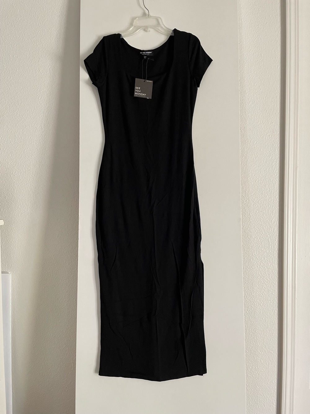 L- See You Monday Classic Black Fitted Midi Dress Square Neck Midi NWT-